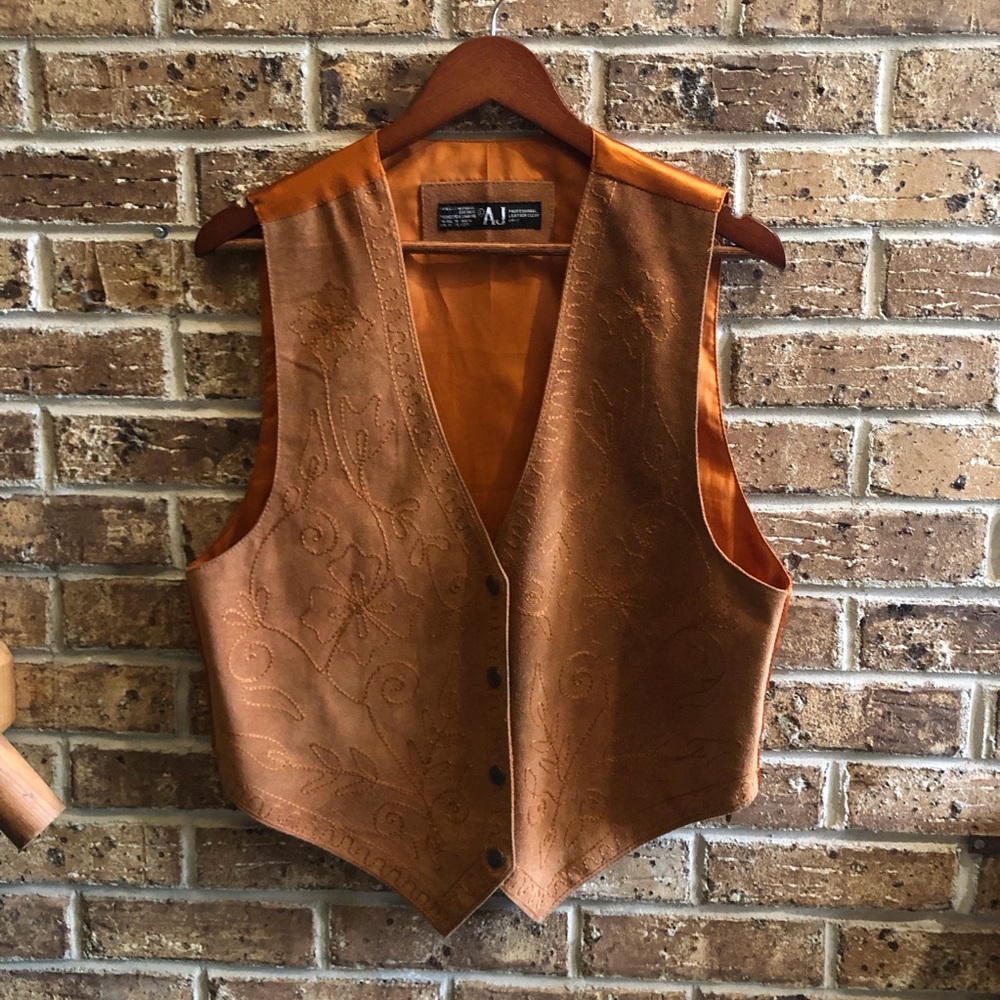 Vintage AJ Leather Sueded Embroidered Brown Orange Vest
